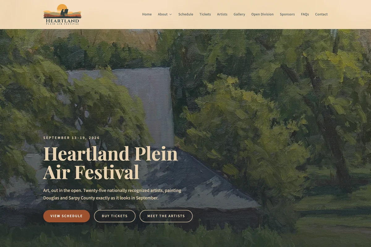 Heartland Plein Air Festival website hero with painterly landscape and event details